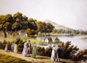 Utsikt over Brigittenau-distriktet og elven Donau fra Augarten-siden, tidlig på det nittende århundre (gravering) av Laurenz (after) Janscha