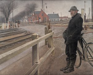 Venter på toget. Planovergang ved Roskilde motorvei, 1914. av Laurits Andersen Ring