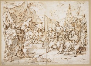 Joseph and His Brethren, 1. Mosebok 41 (penn, brunt blekk og blågrå vask over svart kritt på papir)