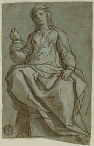 Sittende kvinnelig figur (Saint Scholastica?) Holder en due