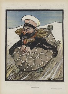 Aleksey Kuropatkin, russisk krigsminister. Illustrasjon for Le Rire (farge litho)