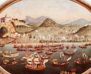 Prosesjon av båter på vannet foran Lazares sykehus, Rio de Janeiro av Leandro Joaquim