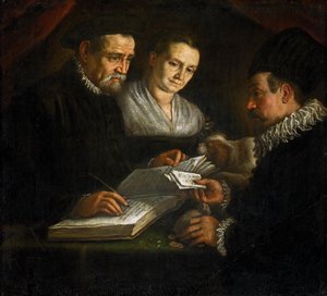Pengeveksleren Orazio Lago, hans kone og en klient - Pengeveksleren Orazio Lago, hans kone og en klient - Leandro Bassano (1557-1622). Olje på lerret, ca. 1600. Mål: 93x101 cm. Kunsthistorisk museum, Wien av Leandro da Ponte Bassano