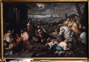 ""Januar måned"" (januar) Jegere, kvinner som spinner ull. Aquarius symbol på himmelen. Maleri av Leandro Bassano da Ponte (1557-1622) Mål 146 x 192 cm Statens kunstmuseum Tula Russland