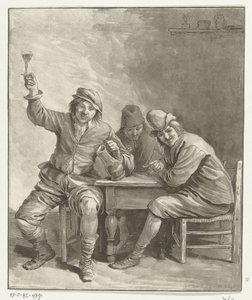 Tre menn ved bordet røyker og drikker av Leendert Brasser (signed by artist)