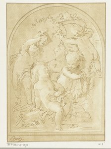 Fem putti med blomster og girlandere ved en vase av Leendert Brasser