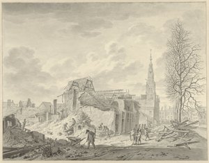 Utsikt over Rapenburg i Leiden etter kruttkatastrofen 12. januar 1807 av Leendert Overbeek