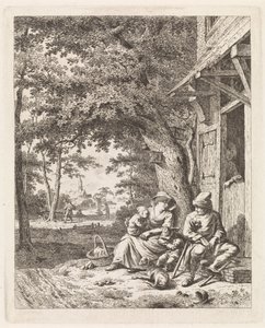Familie med hund, sitter foran et hus Landskap med figurer (serietittel)