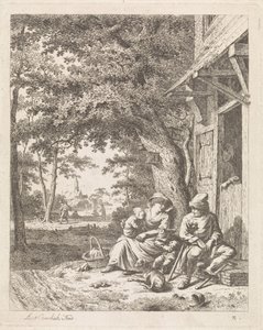 Familie med hund, sitter foran et hus Landskap med figurer (serietittel)