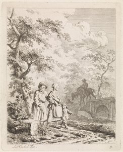 Gammel mann, kvinne og barn på en skogssti Landskap med figurer (serietittel)