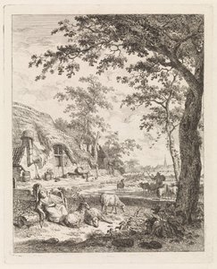 Gjeterinne med sauer foran en gård Landskap med figurer (serietittel) av Leendert Overbeek