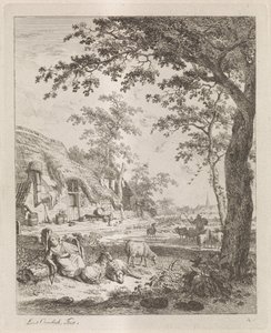 Gjeterinne med sauer foran en gård Landskap med figurer (serietittel)