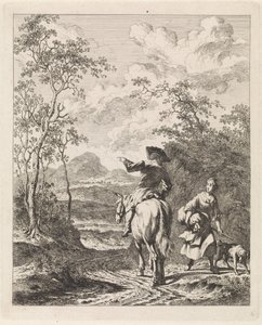Rytter ber om veibeskrivelse til en jente med en hund Landskap med figurer (serietittel) av Leendert Overbeek