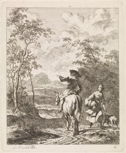 Rytter ber om veibeskrivelse til en jente med en hund Landskap med figurer (serietittel) av Leendert Overbeek