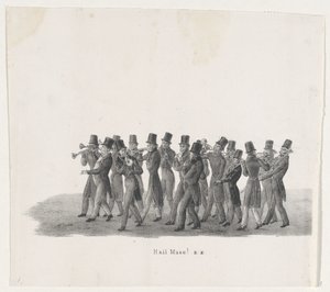 Musikere i prosesjonen av Leiden-studenter, 1835 Hei Muse! (tittel på objekt) De individuelle forestillingene som de stiger holdt av H.H. Elever ved Leidsche Hoogeschool 9. februar: 1835, stengt (serietittel på objekt) av Leendert Springer (I)