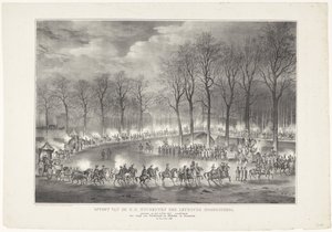 Parade av H.H. Elever ved Leydsche Hoogeschool holdt den 9. februar 1835, som viser inngangen til Ferdinand og Jsabella i Grenada den 6. januar. 1492 (tittel på objekt) av Leendert Springer (I)