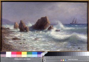 På kysten av Livadia (i Krimbukta, Ukraina) (ved Livadia-kysten). Havlandskap, med en seilbåt i det fjerne og Svartehavets bølger som bryter på skjærene. Maleri av Lev Felixovich Lagorio (1827-1905), olje på lerret
