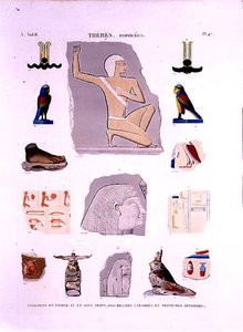 Illustrasjoner av malte relieffer på stein og trefragmenter Hypogees, Theben plate 47 fra Vol II av `Descriptions of Egypt`, gravert av LeRoy av Lenoir (after)