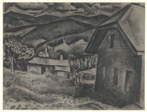 Landskap med kvinne med barn foran et hus av Leo Gestel (signed by artist)