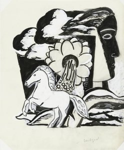 Oppdrett av hest, blomst og hode (skisse) av Leo Gestel (signed by artist)