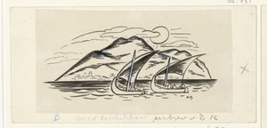 To seilskuter foran en øy med fjell av Leo Gestel (signed by artist)