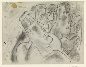 Tre bønder på en eng med hester av Leo Gestel