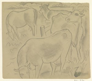 Tre kyr og en hest på enga av Leo Gestel