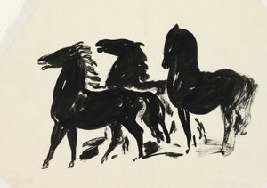 Tre svarte hester står og ser til venstre av Leo Gestel