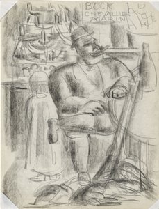 Jeger sitter ved kafébordet, i svart kritt Uten tittel av Leo Gestel
