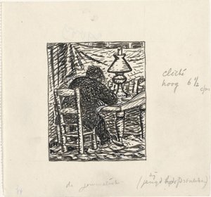 Mannen skriver ved et bord av Leo Gestel