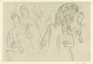 Folk på gata og en hest med vogn av Leo Gestel