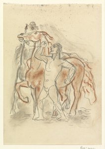 Naken mann holder to hester i sjakk av Leo Gestel
