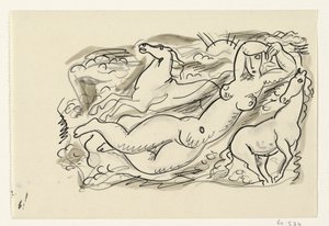 Naken kvinne og to hester i sjøen av Leo Gestel