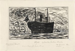 Skipet går inn i London havn (tittel på objekt) av Leo Gestel