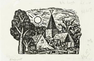 Vignette for Gestels biografi av prof. W. van der Pluym Uten tittel (Landsbyutsikt med kirke og sol, vignett til Gestels biografi av prof. W. van der Pluym) av Leo Gestel