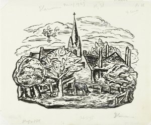 Vignette for Gestels biografi av prof. W. van der Pluym Uten tittel (Utsikt over landsbyen Blaricum med beitende ku) av Leo Gestel