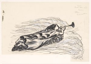 Kvinne med trompet, flytende på skyer av Leo Gestel