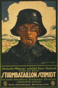 Overfallsbataljon Schmidt; Tyske menn rister hjemlandet ditt! 1919 (fargelitografi) av Leo Impekoven