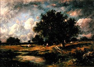 Landskap med kuer og figurer (olje på lerret)