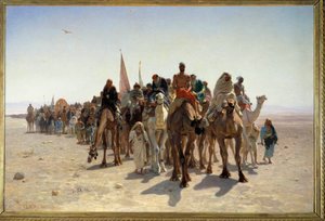 Pelerins skal til Mekka Carvane fra reisende på kameler i ørkenen. Maleri av Leon Auguste Adolphe Belly (1827-1877) 1861 Søn. 1,6x2,4 m Paris, musee d