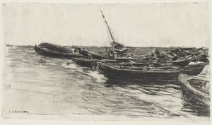 Fiskebåter på stranden ved Étretat av Leon Augustin Lhermitte