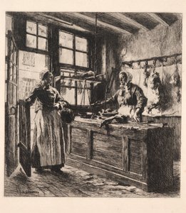 Interiør i en slakterbutikk. av Leon Augustin Lhermitte
