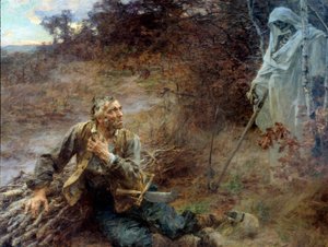 Døden og tremannen Illustrasjon til fabelen av Jean de La Fontaine (1621-1695) Maleri av Leon Augustin Lhermitte (1844-1925) 1893, 2,06 x 2,42 m Chateau Thierry, musee La Fontaine - Døden og loggeren. Illustrasjon til fabelen til Jean de La