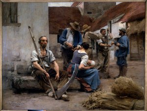 Lønnslisten til bondehøstere i et gårdstun, en av dem har en falsk. Maleri av Leon Augustin Lhermitte (1844-1925) 1882 Søn. 2,15x2,72 m Paris, musee d'Orsay