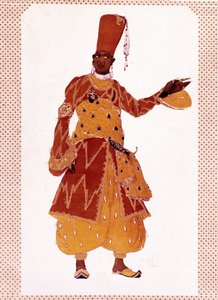 Kostyme til den store evnukken tegnet av Lev Samoilovich Rosenberg kalt Leon Bakst (1866-1924) for balletten "" Sheherazade" (eller Scheherazade) komponert av Nikolai Andreyevich Rimsky-Korsakov (Rimsky Korsakov eller Rimsky Korsakov). av Leon Bakst