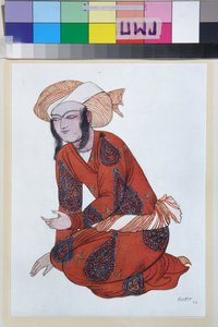 Kostyme for balletten Sheherazade av Nikolai Rimsky Korsakov (Rimsky-Korsakov) (1844-1908) - Verk av Leon Bakst (1866-1924), litografi 1922 - (Kostumedesign for balletten Sheherazade av Nikolai Rimsky Korsakov, av Leon Bakst , Farge lith av Leon Bakst