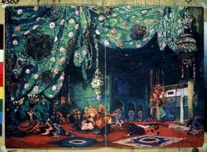 Sett for balletten ""Sheherazade"" av Nicolas (Nikolai) Rimski Korsakov (Rimski-Korsakov) (1844-1908) fra After the Tales of the Thousand and One Nights. (Scenedesign for balletten Sheherazade av N.Rimsky Korsakov (Rimsky-Korsakov). Tegning av Leon Bakst ( av Leon Bakst