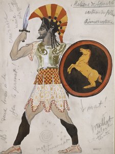 Design for Pollux's kostyme i 'Hélène de Sparte' (grafitt og akvarell med gullmaling på off-white papir) av Leon Bakst