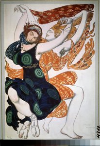 To beotiennes, kostyme til balletten ""Narcisse"" av Nikolai Tcherepnin (Nicolas Tcherepnin) (1873-1945) (To beotiennes, kostymedesign for balletten Narcisse av N.Tcherepnin). Tegning av Leon Bakst (1866-1924). Akvarell, gouache, gull og sølv på pa av Leon Bakst