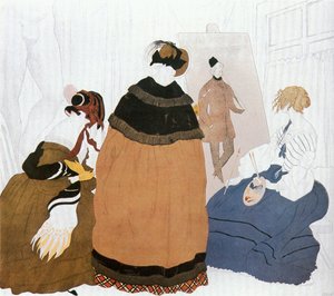 I studioet til en kvinnemaler, skisse til plakaten for utstillingen av russiske malere (akvarell, gouache og fargestift på papir på papp) av Leon Bakst